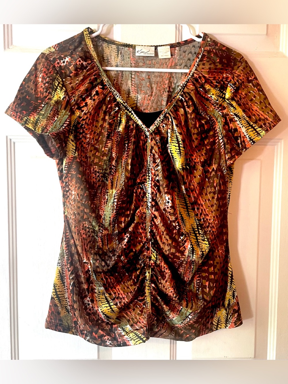 Kim Rogers Rust Brown Yellow Abstract Snake Print Gather Front Knit Top Large?